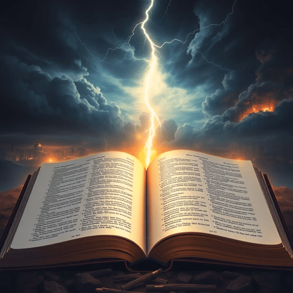 Signs of the End KJV: 7 Clear Warnings You Need to Know Open glowing King James Bible under stormy sky with lightning, subtle scenes of war, famine, and disasters in the background, symbolizing biblical ...
