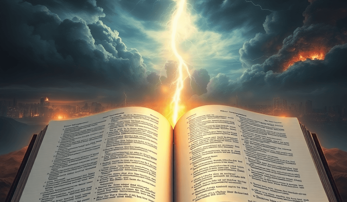 Open glowing King James Bible under stormy sky with lightning, subtle scenes of war, famine, and disasters in the background, symbolizing biblical ...