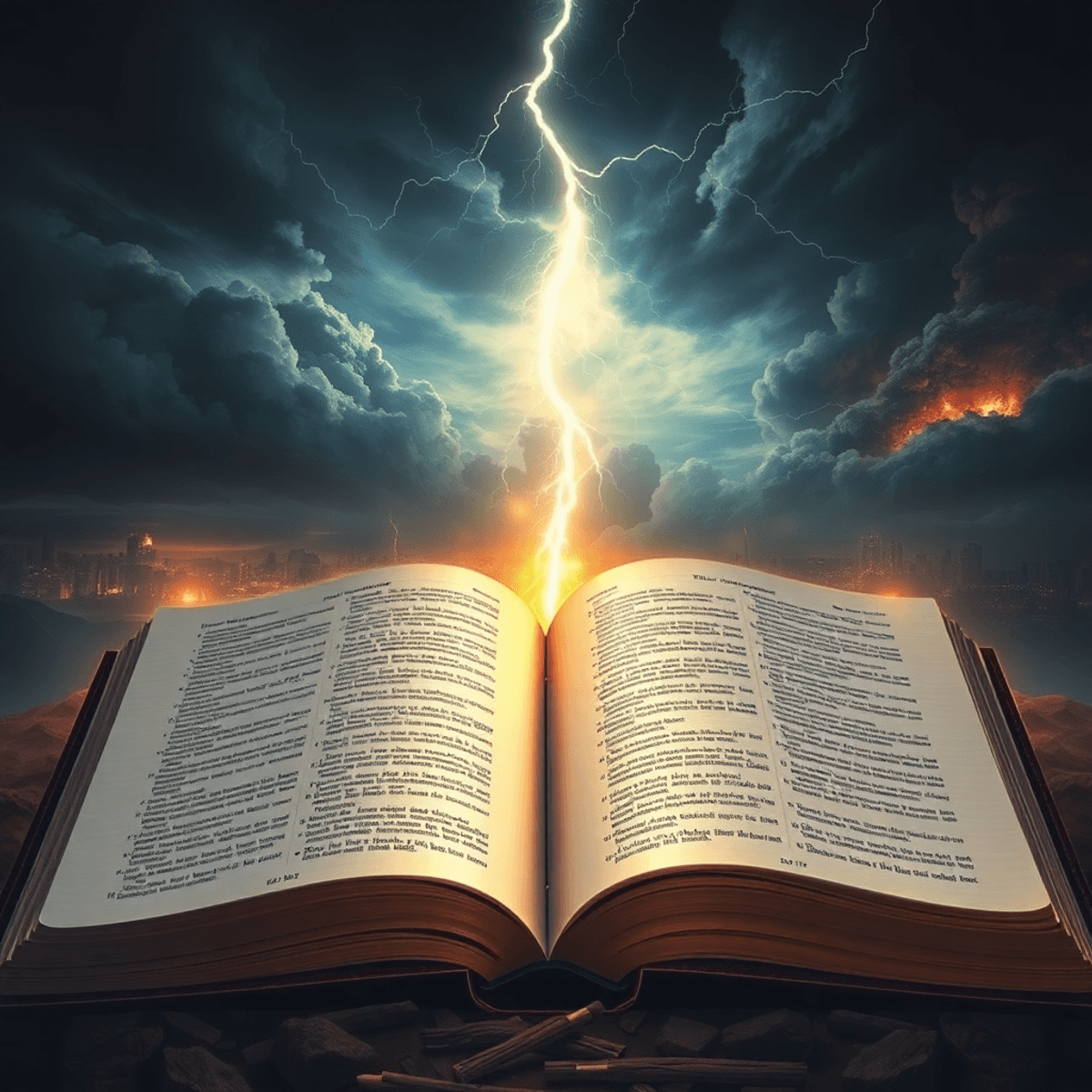 Open glowing King James Bible under stormy sky with lightning, subtle scenes of war, famine, and disasters in the background, symbolizing biblical ...