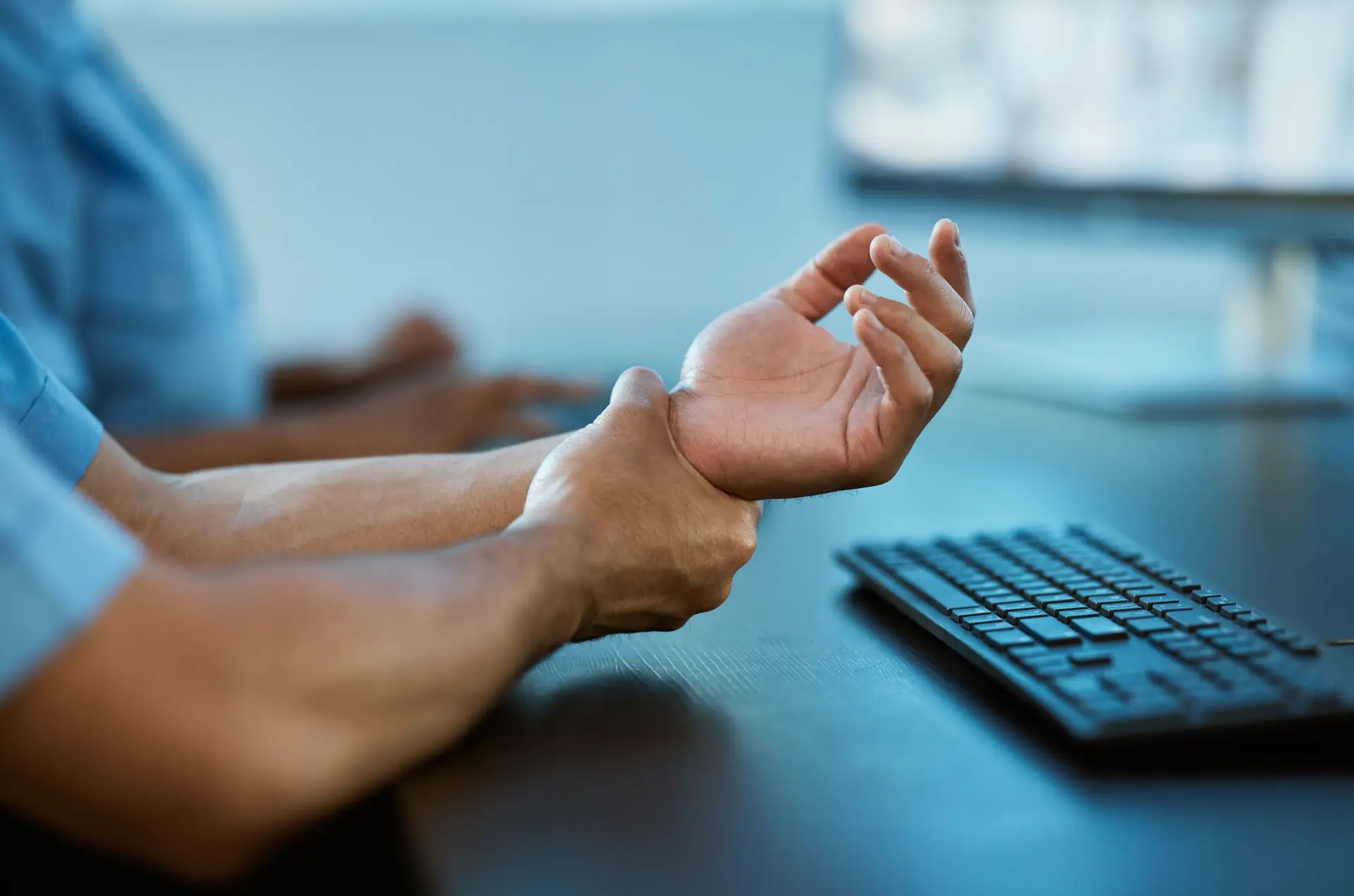 Person, hands and wrist pain in surveillance from injury, accident or carpal tunnel syndrome at off