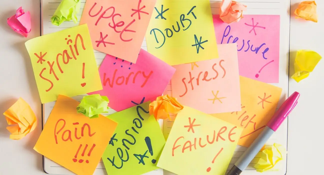 A personal or business diary covered in signs of pressure stress worry and anxiety in sticky notes