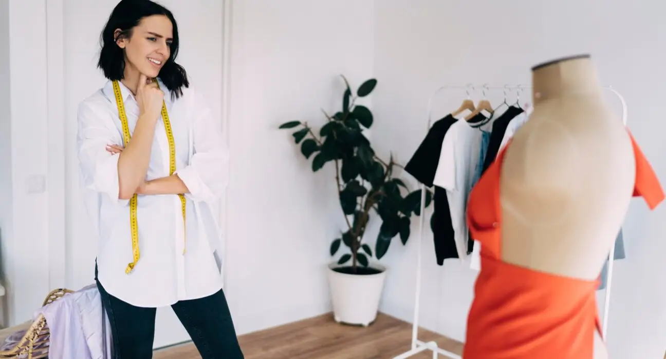 Female dressmaker looking doubtfully at dress