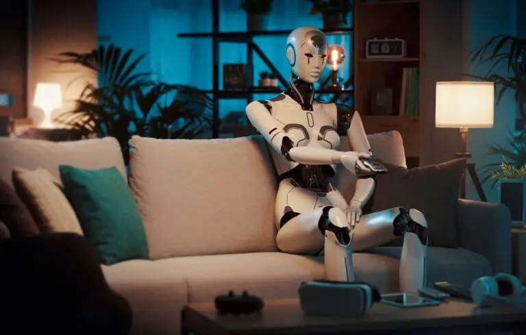 Humanoid robot sitting on the couch and watching TV