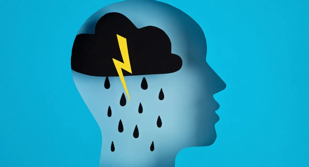 Papercut head, adult depression concept. Mental health problems, psychology, mental illness