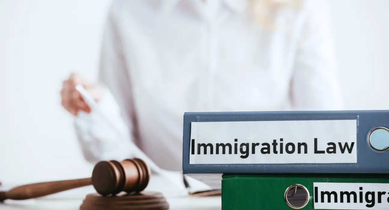 selective focus of folders with immigration law lettering near gavel with woman on background