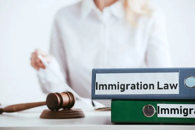 selective focus of folders with immigration law lettering near gavel with woman on background