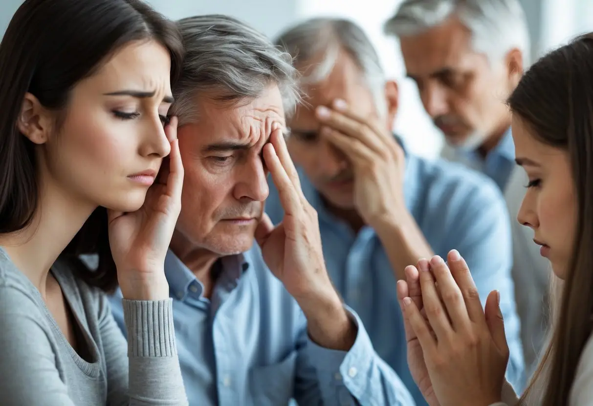 A group of people showing signs of tiredness, pale skin, and brittle nails, illustrating common warning signs of iron deficiency anemia.