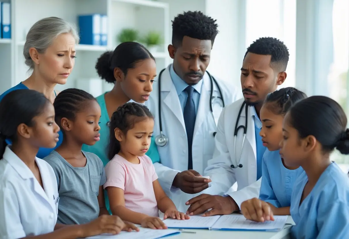 A group of people in a medical office showing signs of fatigue, pale skin, dizziness, and restless behavior while consulting a healthcare professional.