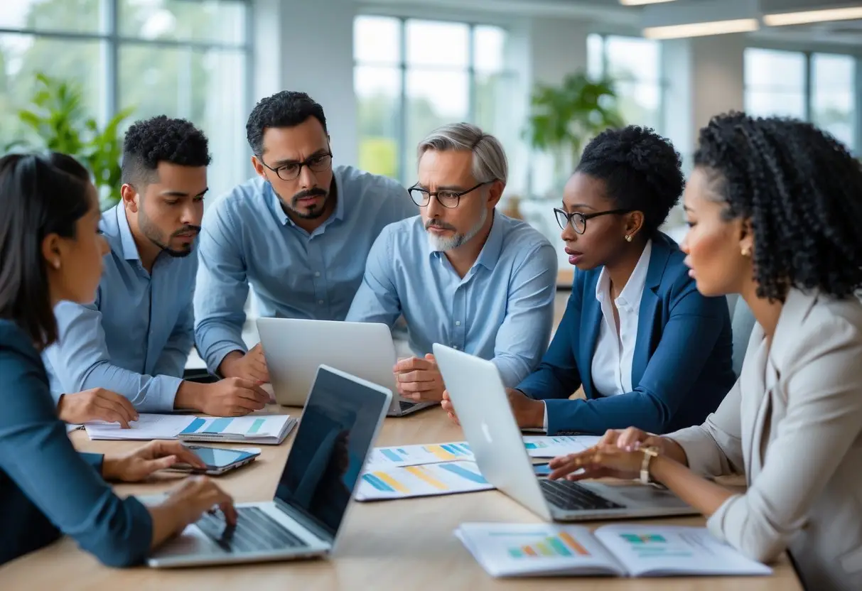 A diverse group of people in an office having a serious discussion around a conference table with laptops and charts.