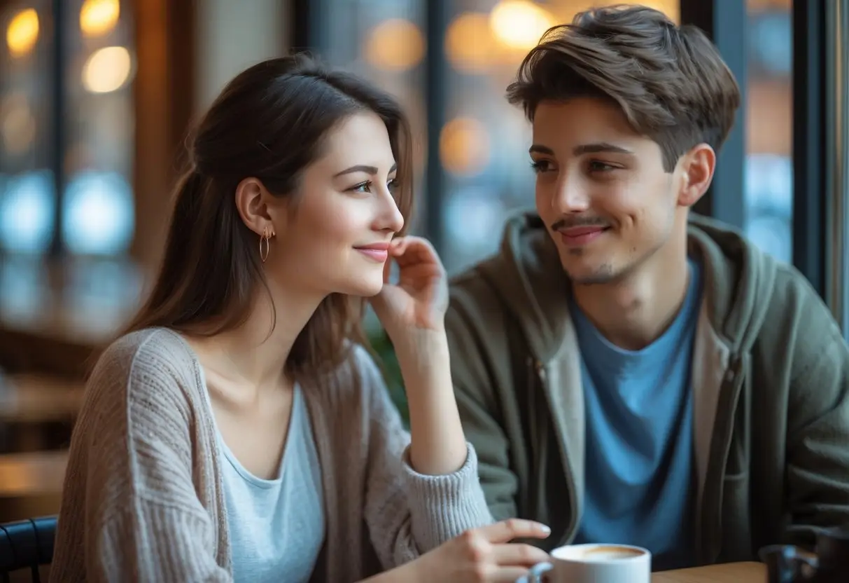 A young woman shyly smiling and looking at a young man in a cozy café while he looks away.
