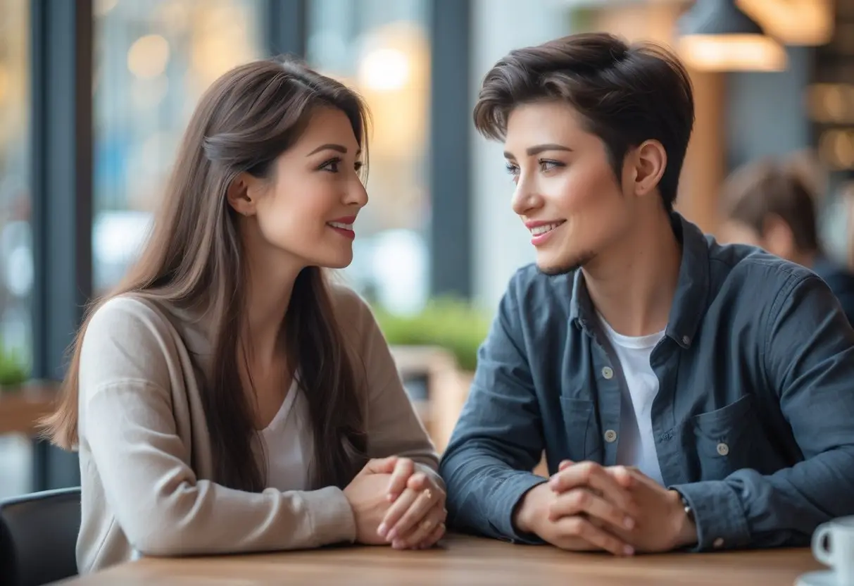 A young woman and man sitting closely in a café, the woman showing shy body language and smiling subtly at the man.