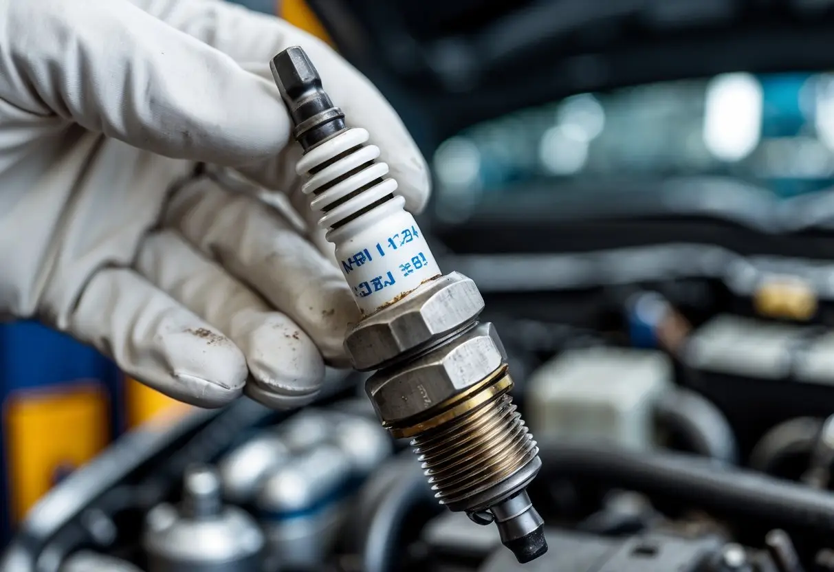 Close-up of a worn spark plug with visible damage held by a mechanic in a car repair shop.