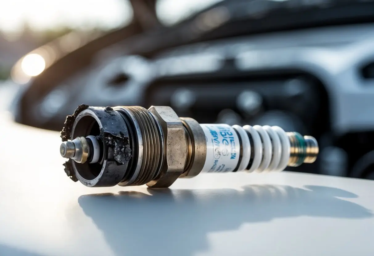 Close-up of a worn spark plug with visible damage and deposits, set against a blurred car engine background.