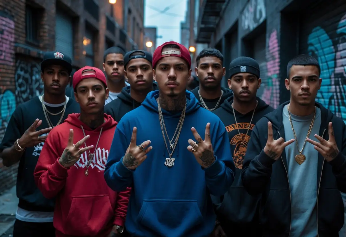 A group of young adults on a city street corner showing gang-related clothing, tattoos, and hand signs with graffiti in the background.