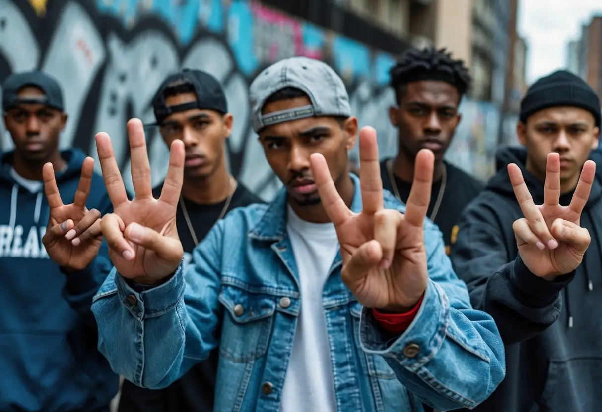 A group of young adults outdoors showing different hand signs and gestures with their hands.