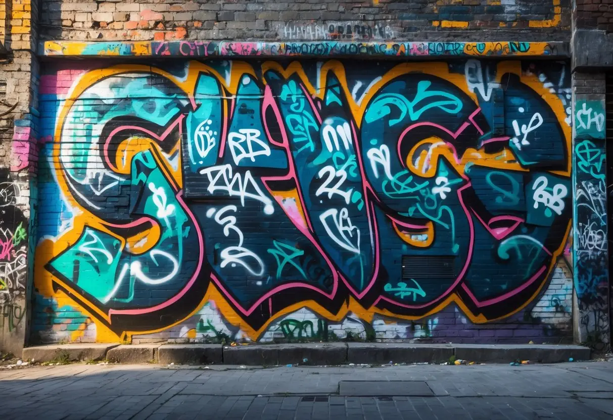 An urban alley wall covered with colorful graffiti featuring symbolic gang signs and designs.