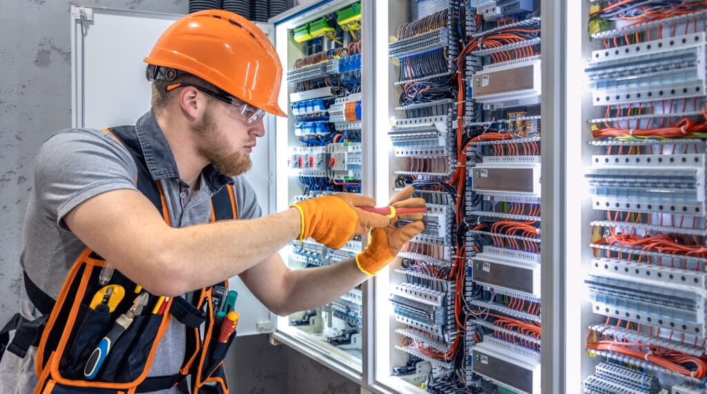 Male electrician working in electrical panel. Male electrician in overalls.