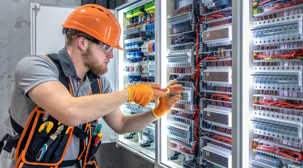 Male electrician working in electrical panel. Male electrician in overalls.