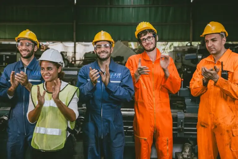 success labor people union group of technician team worker mix race man and woman happy standing cla