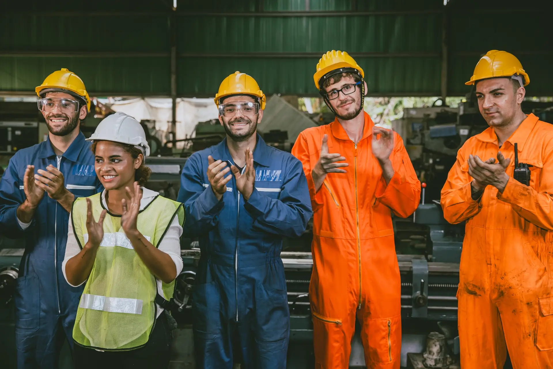 success labor people union group of technician team worker mix race man and woman happy standing cla