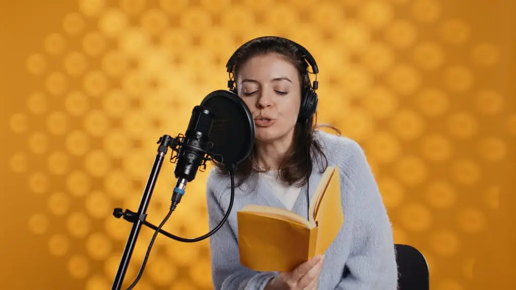 Voice actor recording audiobook using microphone and headset