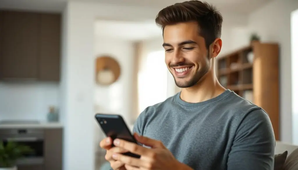 Confident man smiling while on phone, responding to signs she likes you but is playing hard to get Confident man smiling while on phone, responding to signs she likes you but is playing hard to get
