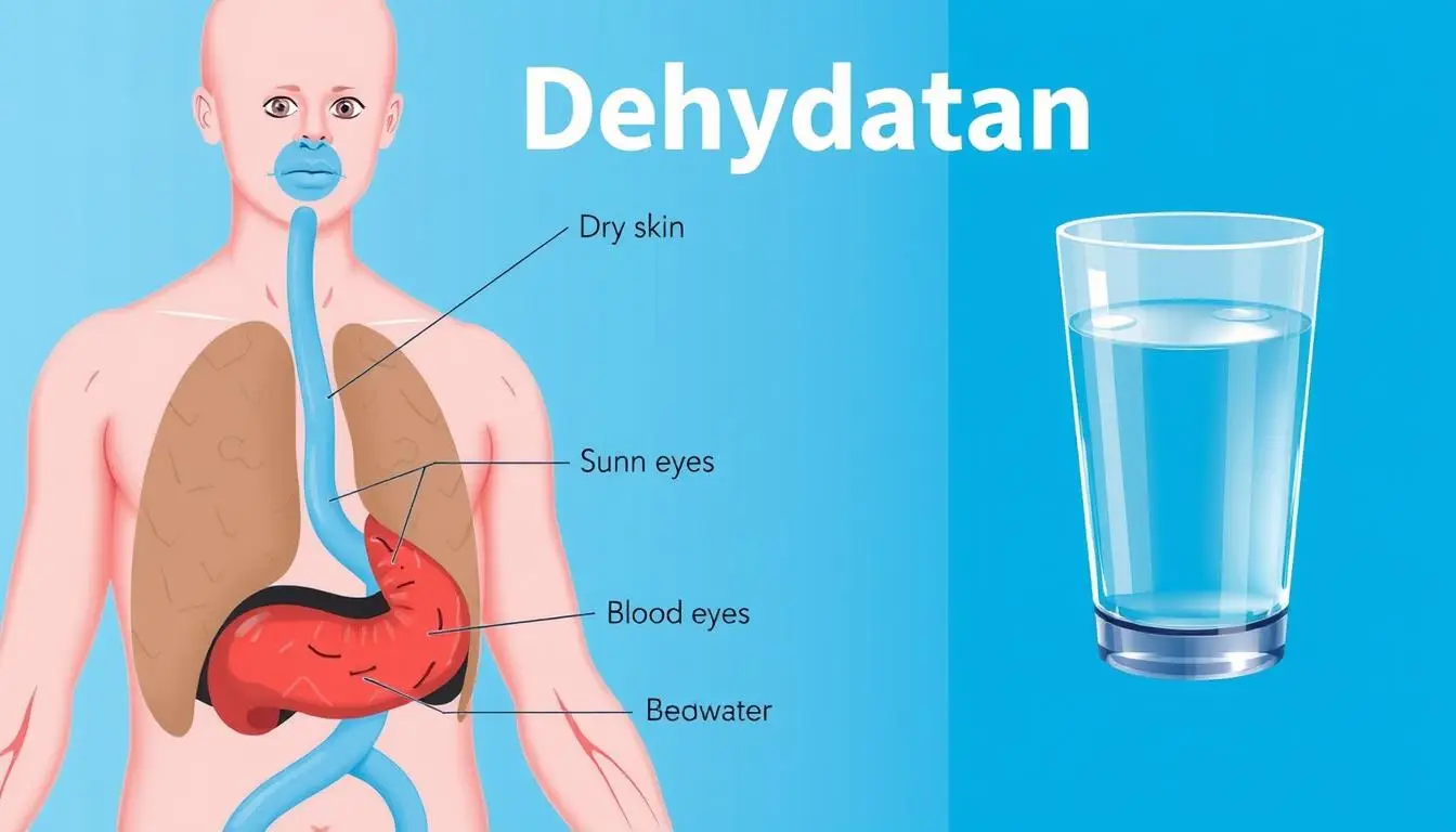 Glass of water next to a medical illustration showing how dehydration affects the human body