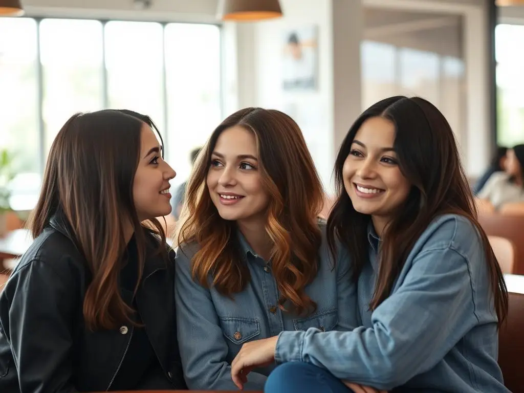 Group of women friends whispering and looking at someone off-camera, showing signs she likes you but is playing hard to get Group of women friends whispering and looking at someone off-camera, showing signs she likes you but is playing hard to get