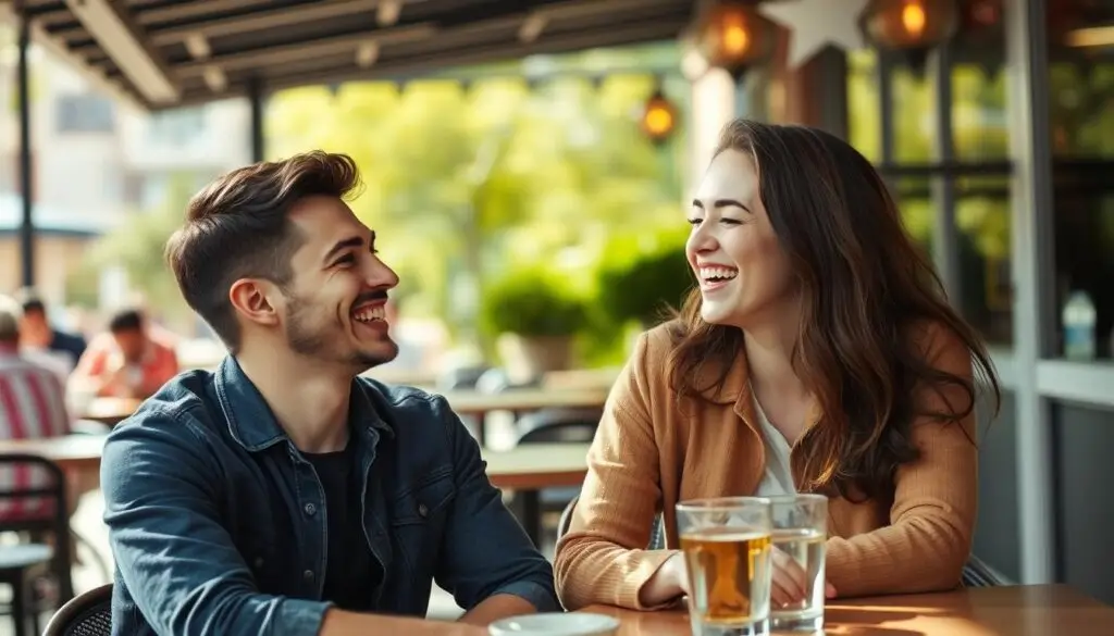 Happy couple laughing together after successfully navigating the signs she likes you but is playing hard to get phase Happy couple laughing together after successfully navigating the signs she likes you but is playing hard to get phase