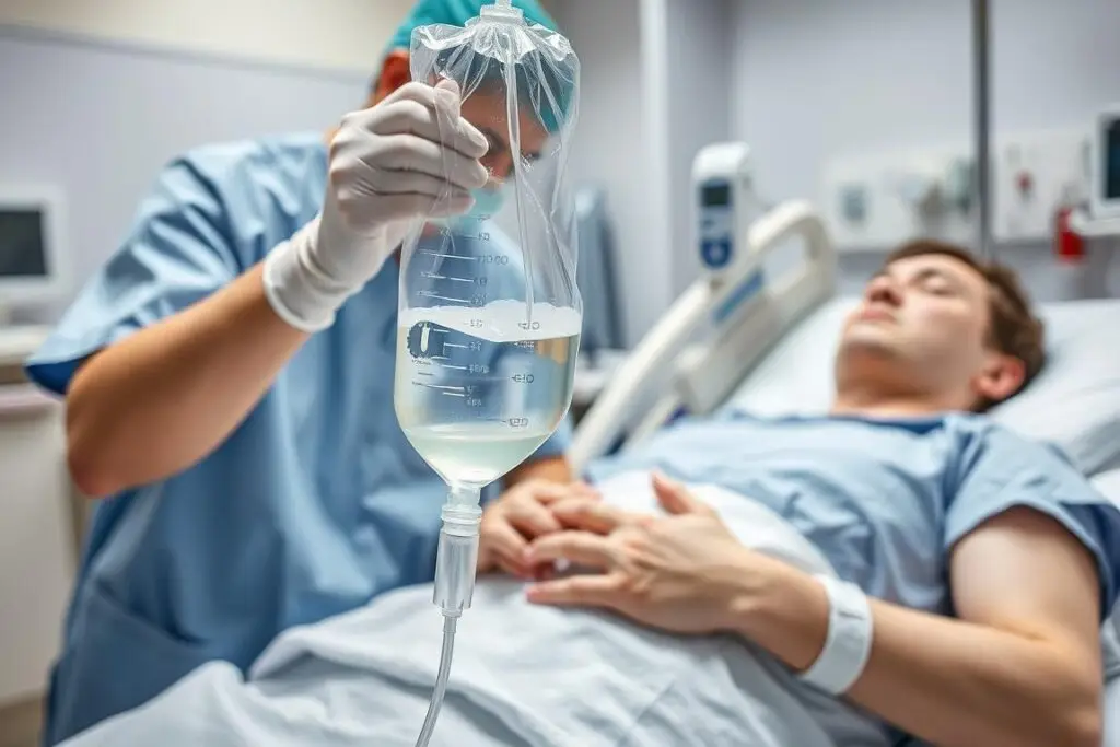 Medical professional administering IV fluids to treat severe dehydration Medical professional administering IV fluids to treat severe dehydration