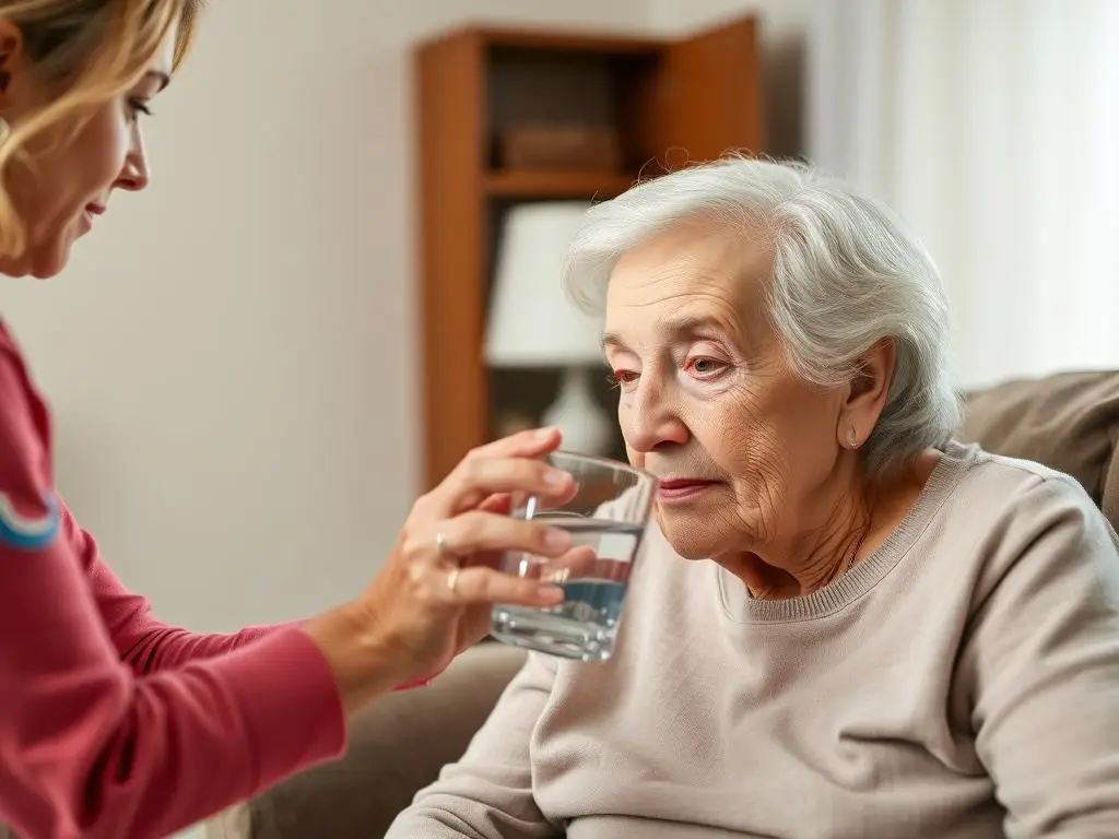 Older adult being assisted with hydration Older adult being assisted with hydration