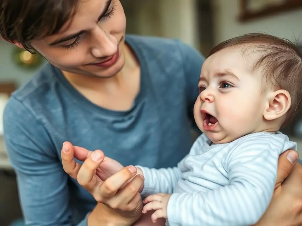 Parent checking infant for signs of dehydration Parent checking infant for signs of dehydration