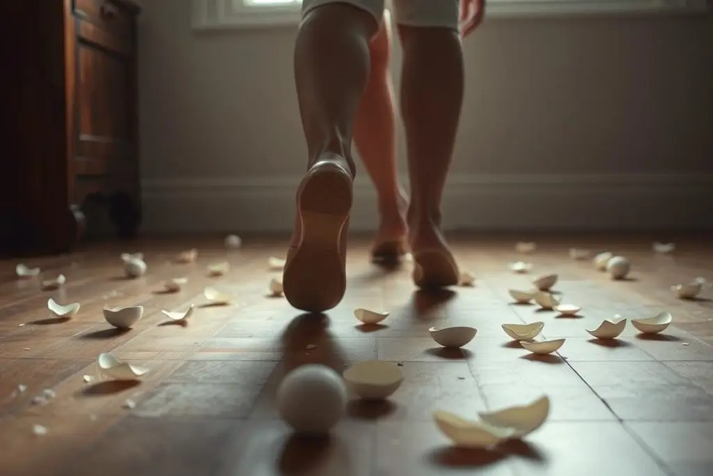 Person carefully walking through a room with fragile objects, representing walking on eggshells in a relationship with a female narcissist