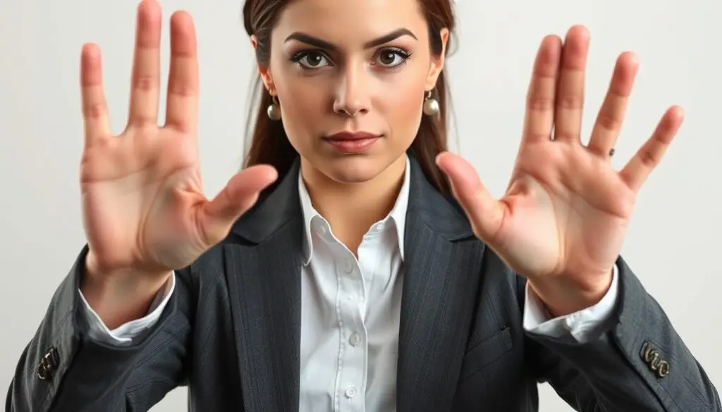 Person establishing clear boundaries with hand gesture, representing setting limits with a female narcissist in relationships
