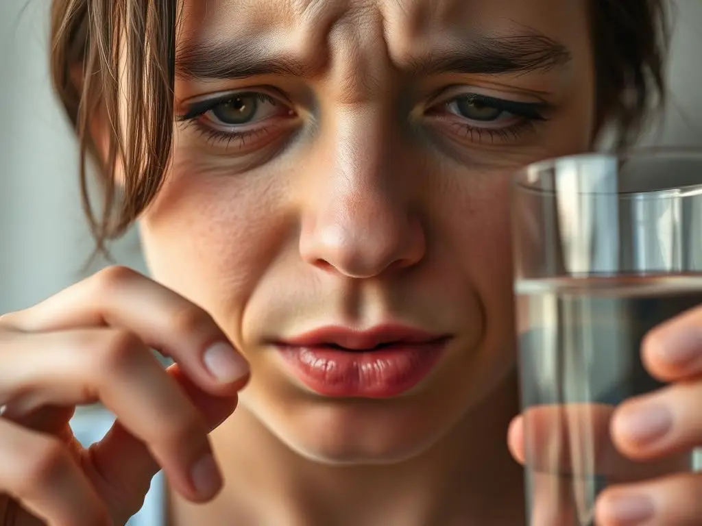 Person experiencing early signs of dehydration including thirst and dry mouth Person experiencing early signs of dehydration including thirst and dry mouth