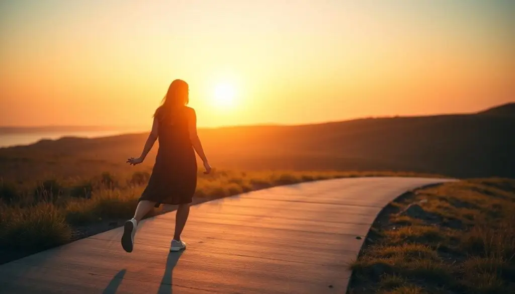 Person walking confidently toward sunrise, representing healing journey after relationship with female narcissist