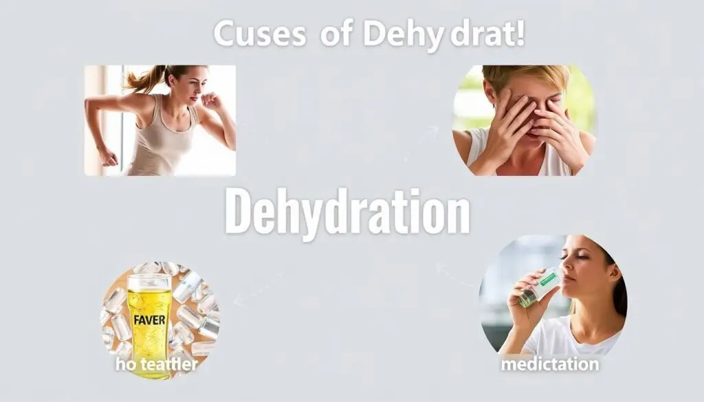 Visual representation of common dehydration causes including exercise, illness, and hot weather Visual representation of common dehydration causes including exercise, illness, and hot weather