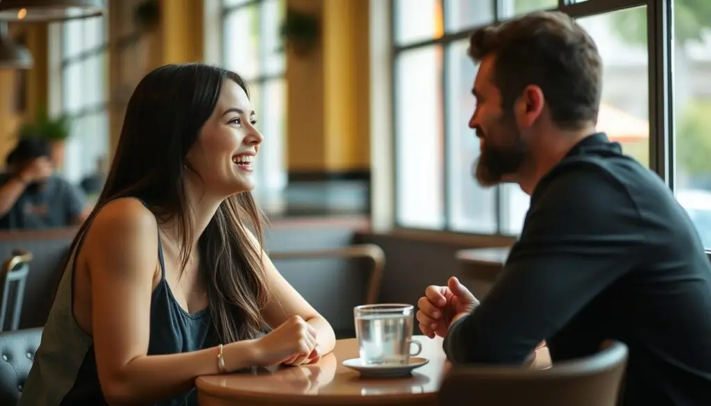 Woman laughing while looking away from a man, showing signs she likes you but is playing hard to get Woman laughing while looking away from a man, showing signs she likes you but is playing hard to get