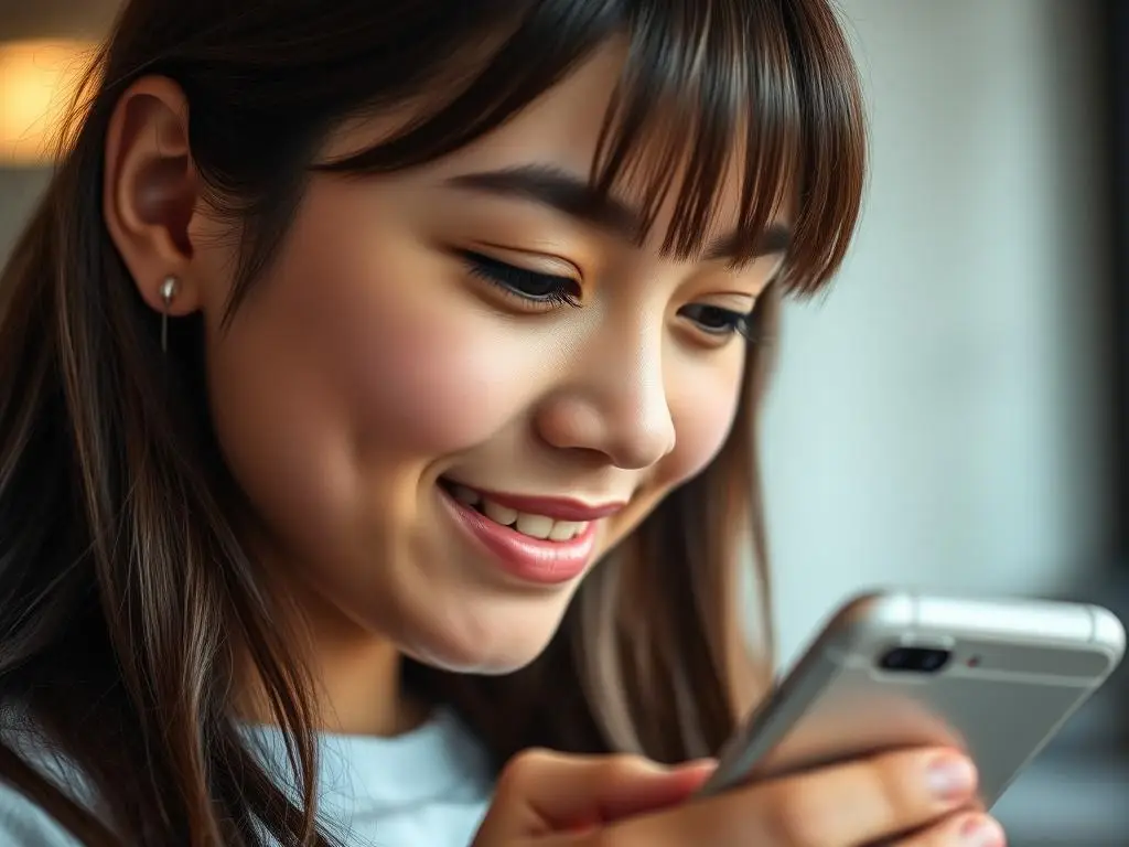 Woman looking at phone with text message notification, showing signs she likes you but is playing hard to get Woman looking at phone with text message notification, showing signs she likes you but is playing hard to get