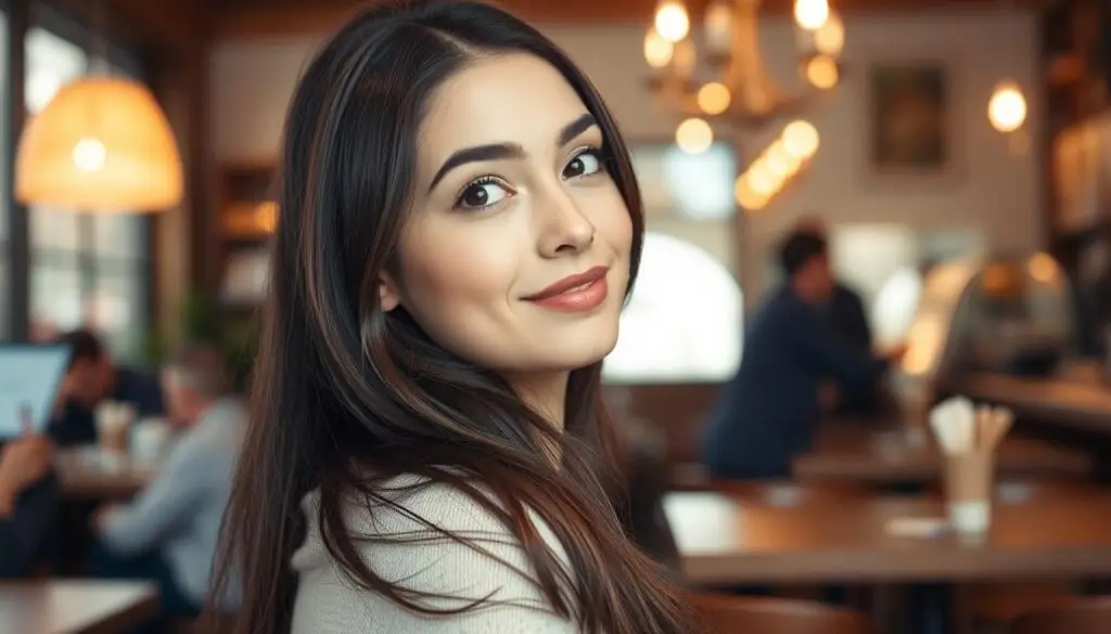 Woman looking away while smiling, showing signs she likes you but is playing hard to get