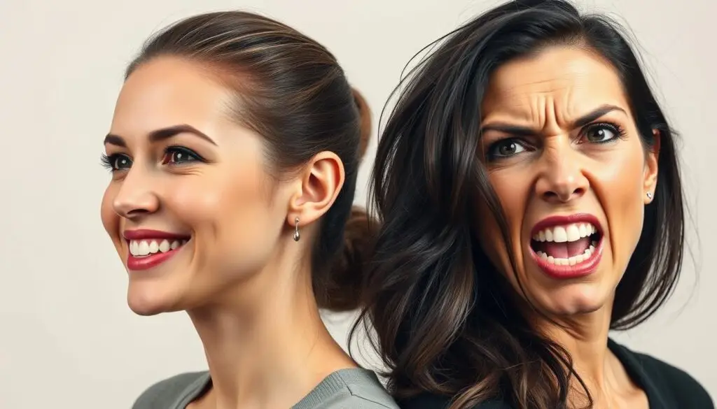 Woman with dual personality showing charming face to others while displaying controlling behavior to partner, illustrating female narcissist in relationships
